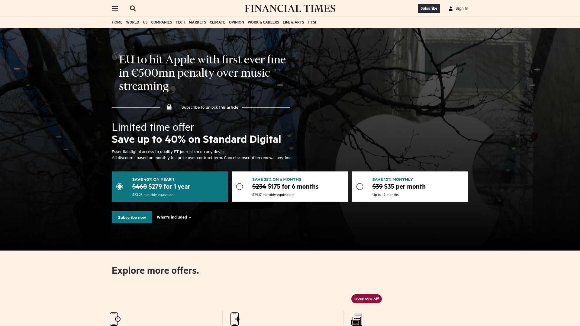 Screenshot of ft.com: EU to hit Apple with first ever fine in €500M penalty over music streaming