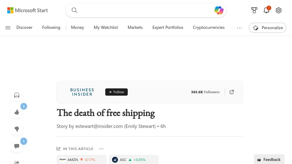 Screenshot of msn.com: The Death of Free Shipping