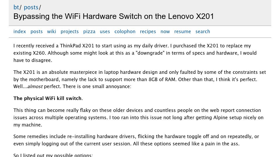 Screenshot of btxx.org: Bypassing the WiFi Hardware Switch on the Lenovo X201 (2023)
