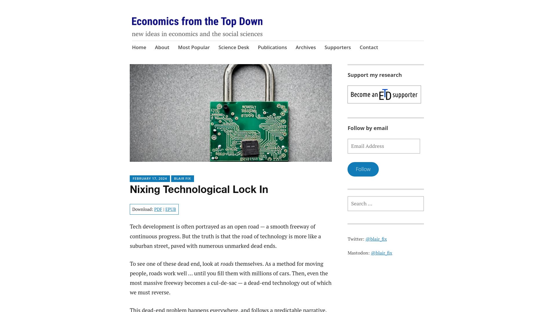 Screenshot of economicsfromthetopdown.com: Nixing Technological Lock In