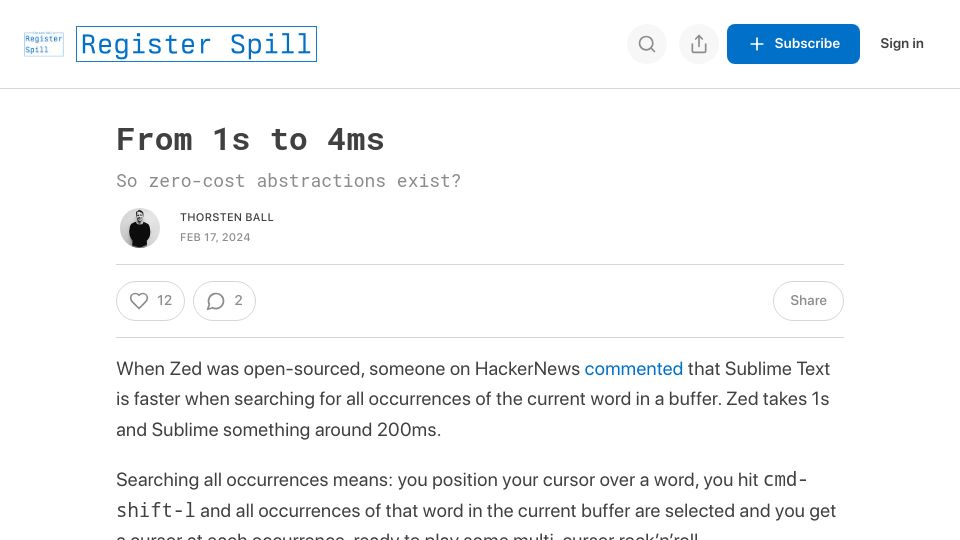 Screenshot of registerspill.thorstenball.com: Zed Editor: All Occurrences Search from 1s to 4ms