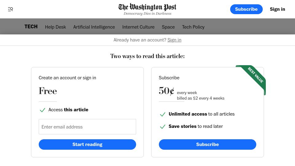 Screenshot of washingtonpost.com: Silicon Valley learned to love America, drones, and glory