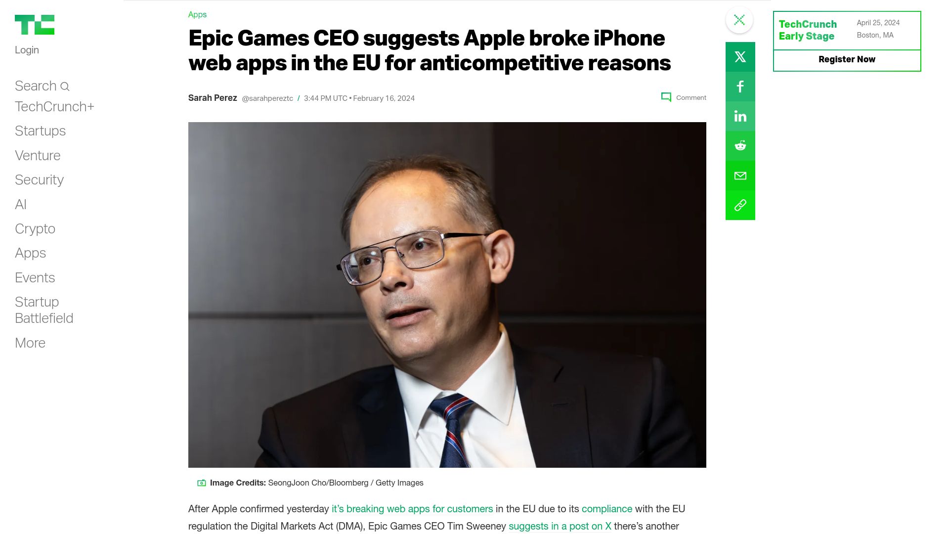Screenshot of techcrunch.com: Apple broke iPhone web apps in the EU for anticompetitive reasons – Tim Sweeney