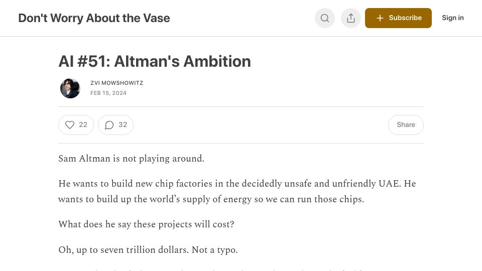 Screenshot of thezvi.substack.com: Altman's Ambition