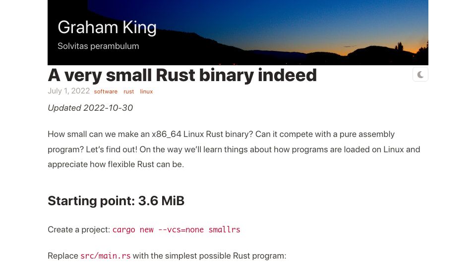 Screenshot of darkcoding.net: A small Rust binary indeed (2022)