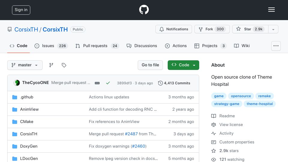 Screenshot of github.com: CorsixTH: Open-source clone of Theme Hospital
