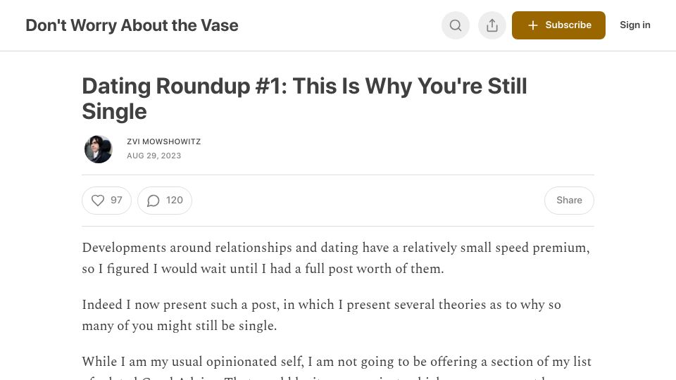 Screenshot of thezvi.substack.com: Why You're Still Single (2023)