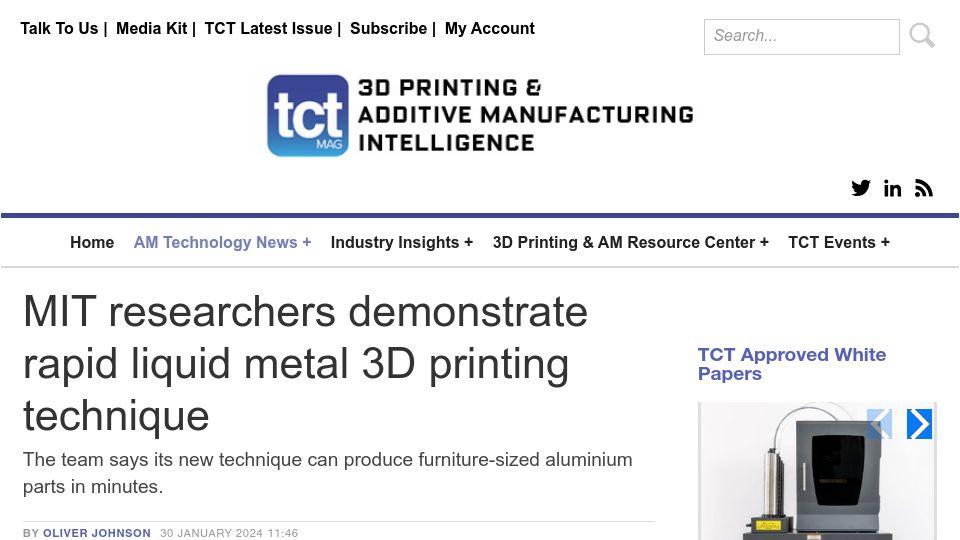 Screenshot of tctmagazine.com: MIT researchers demonstrate rapid liquid metal 3D printing technique