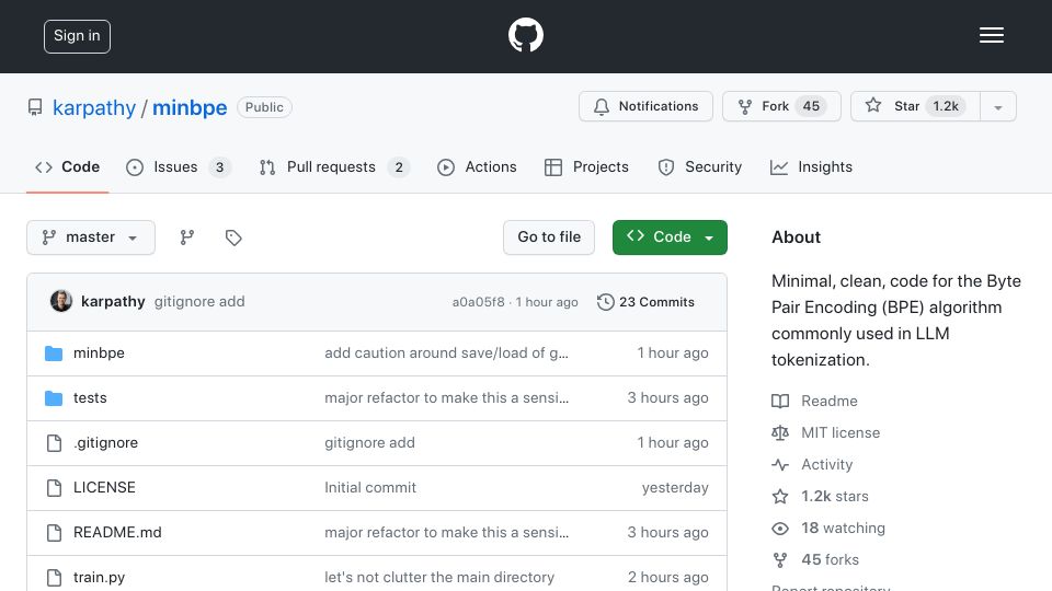 Screenshot of github.com: Code for the Byte Pair Encoding algorithm, commonly used in LLM tokenization