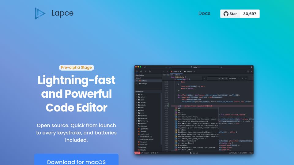 Screenshot of lapce.dev: Lapce