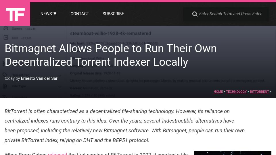 Screenshot of torrentfreak.com: Bitmagnet Allows People to Run Their Own Decentralized Torrent Indexer Locally