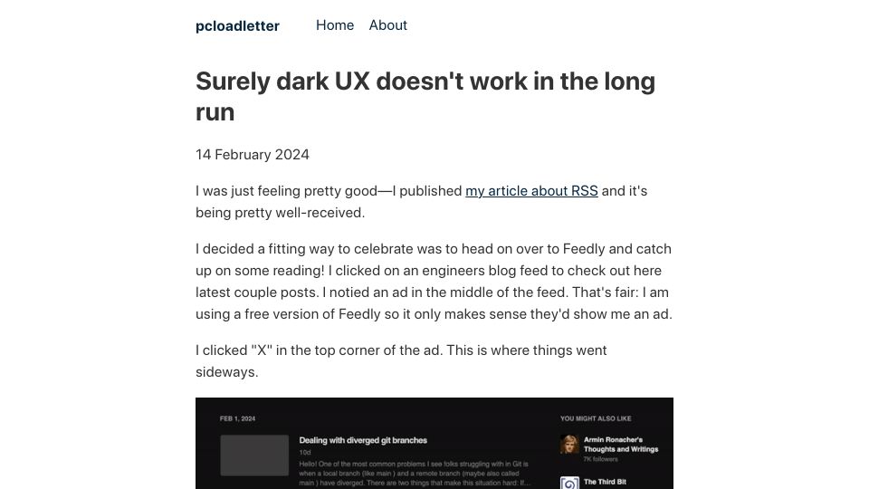 Screenshot of pcloadletter.dev: Dark UX doesn't work in the long run