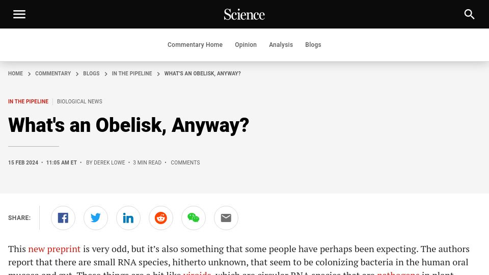 Screenshot of science.org: What's an obelisk, anyway?