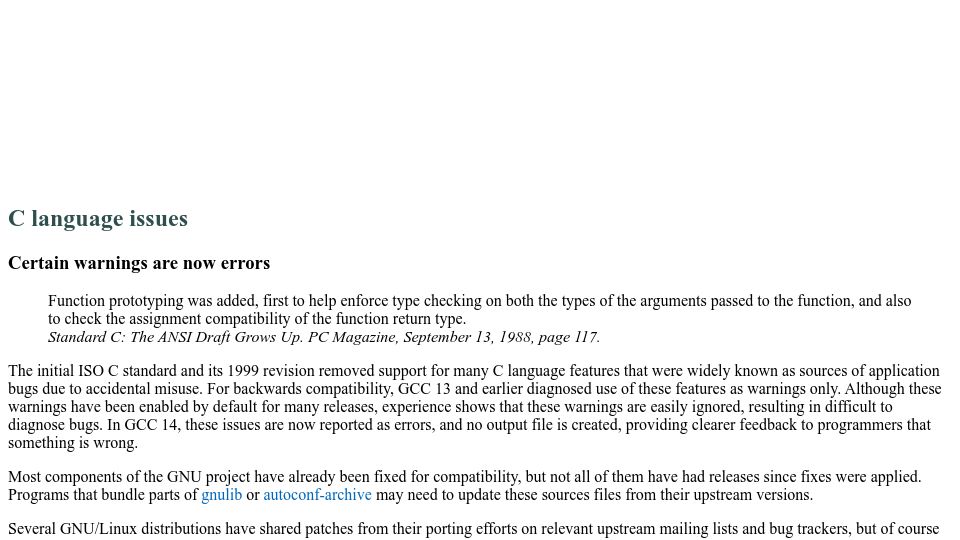 Screenshot of gcc.gnu.org: Porting to GCC 14: C language issues