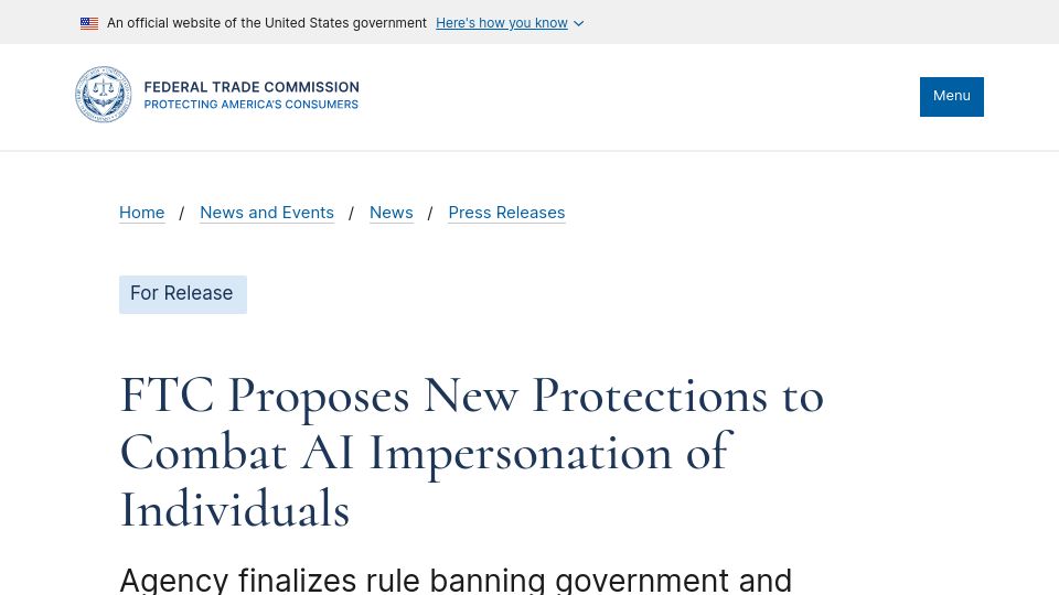 Screenshot of ftc.gov: FTC proposes new protections to combat AI impersonation of individuals