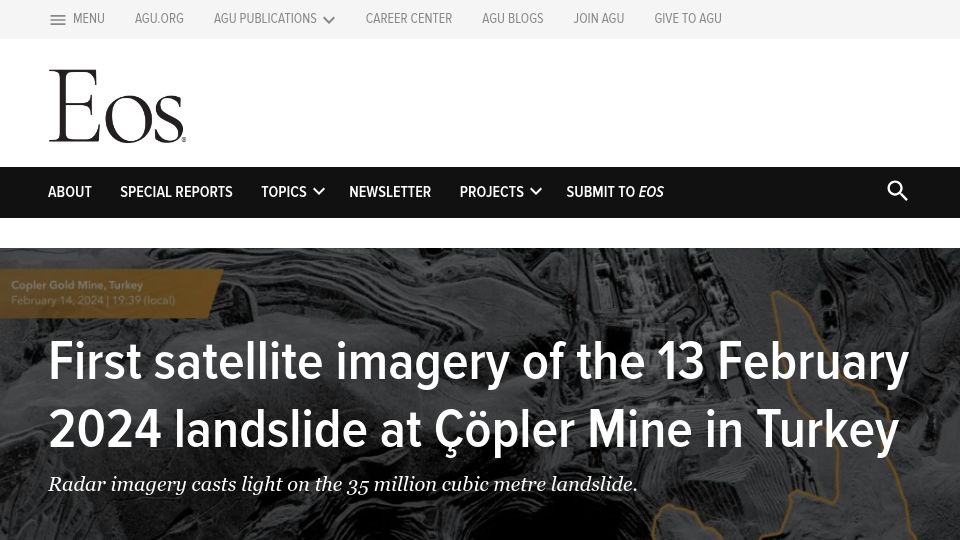 Screenshot of eos.org: First satellite imagery of the Feb-13, 2024 landslide at Çöpler Mine in Turkey