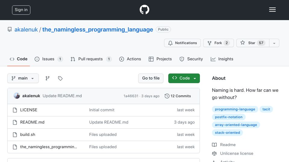 Screenshot of github.com: The Namingless Programming Language