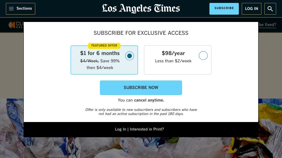 Screenshot of latimes.com: California's war on plastic bag use seems to have backfired