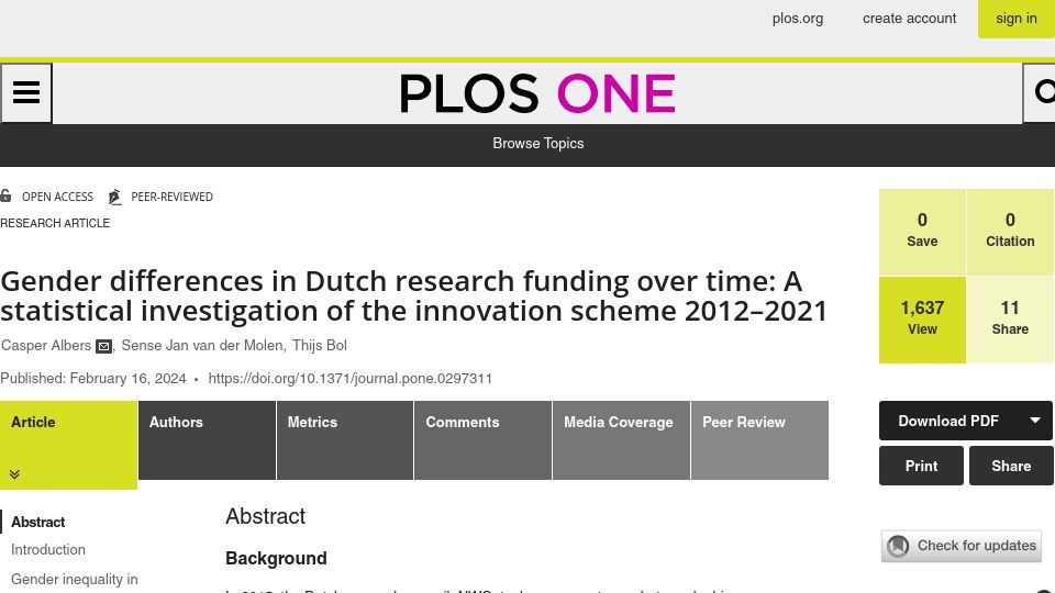 Screenshot of journals.plos.org: Gender differences in Dutch research funding over time