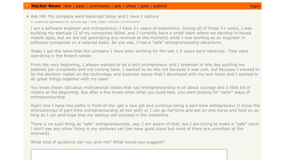 Screenshot of Hacker News post: Ask HN: My company went bankrupt today and I have 2 options