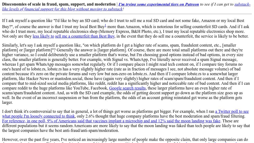 Screenshot of danluu.com: Diseconomies of scale in fraud, spam, support, and moderation