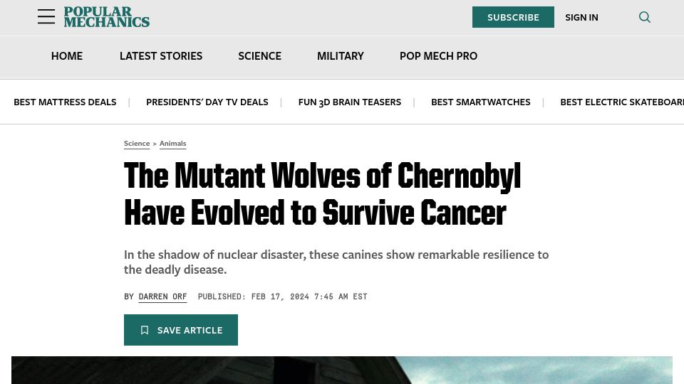 Screenshot of popularmechanics.com: The Mutant Wolves of Chernobyl Have Evolved to Survive Cancer