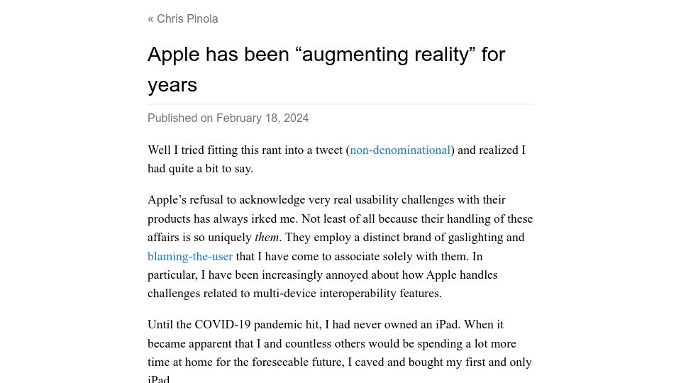 Screenshot of blog.pinola.co: Mac Virtual Display on Vision Pro Requires Same Apple ID
