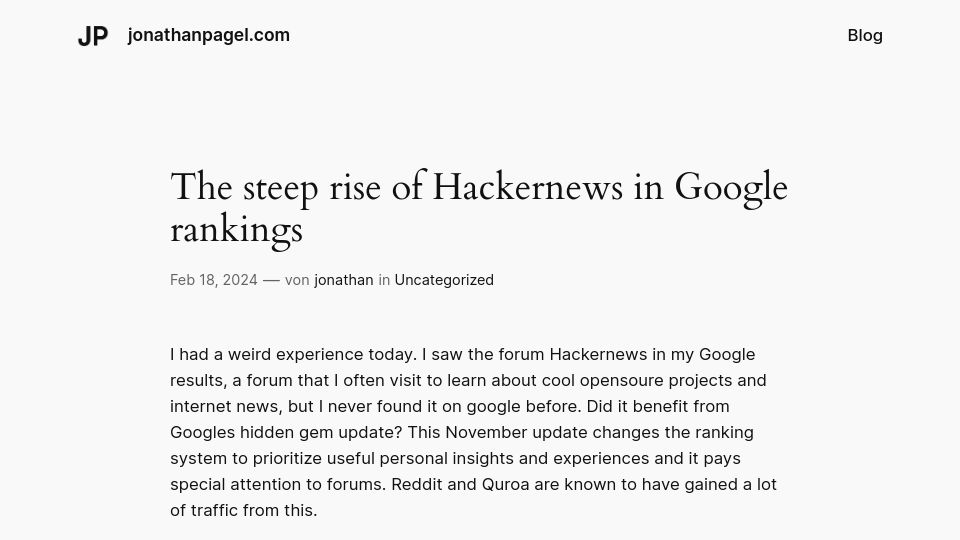 Screenshot of jonathanpagel.com: A steep rise of Hacker News in Google rankings
