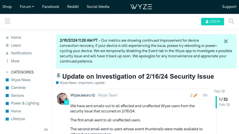 Screenshot of forums.wyze.com: Wyze security incident update