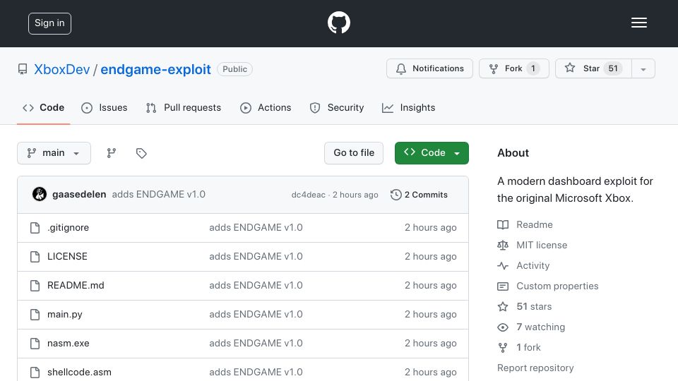Screenshot of github.com: Endgame: A dashboard exploit for the original Xbox