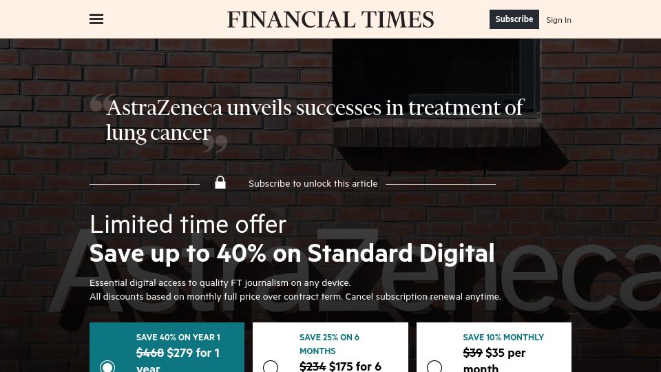 Screenshot of ft.com: AstraZeneca unveils successes in treatment of lung cancer