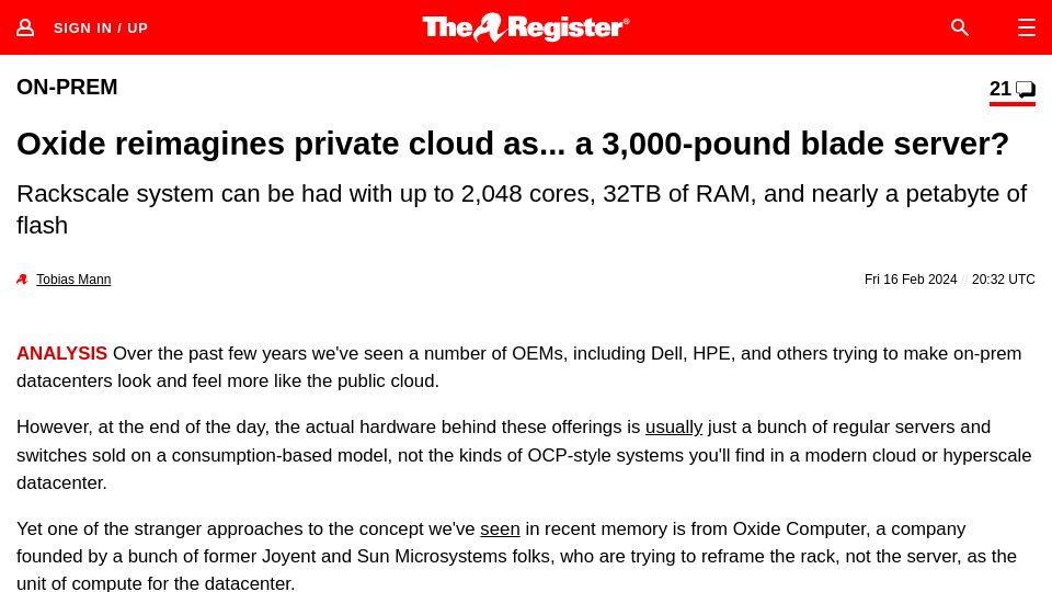 Screenshot of theregister.com: Oxide reimagines private cloud as a 3k-pound blade server