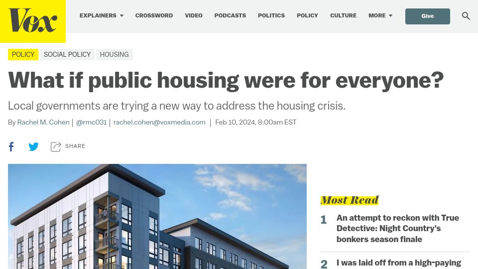 Screenshot of vox.com: What If Public Housing Were for Everyone?