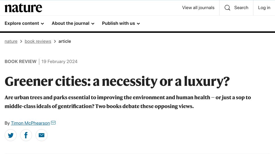 Screenshot of nature.com: Greener cities: A necessity or a luxury?