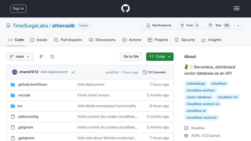 Screenshot of github.com: Show HN: I built a vector database API on Cloudflare