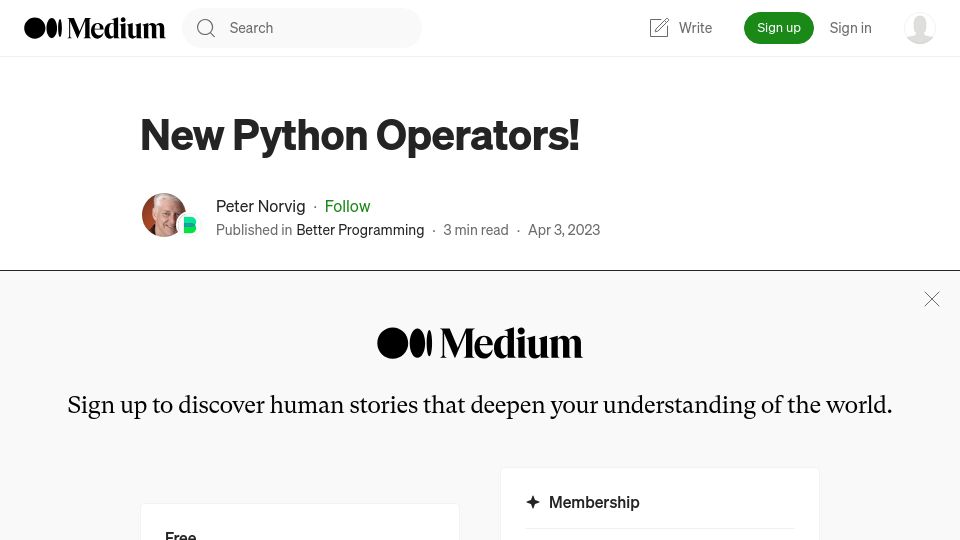 Screenshot of betterprogramming.pub: Peter Norvig: New Python Operators