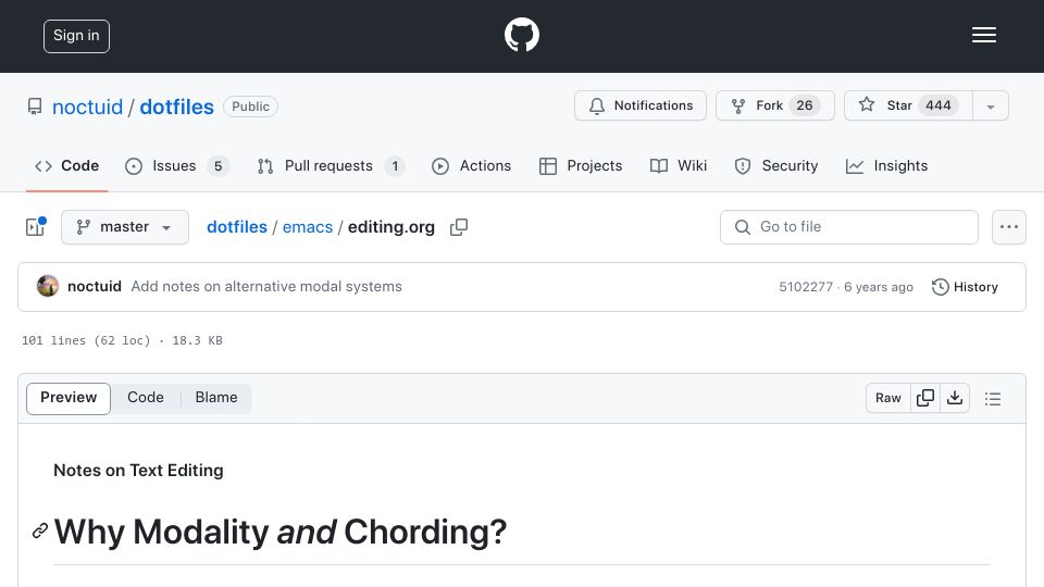 Screenshot of github.com: Notes on Text Editing