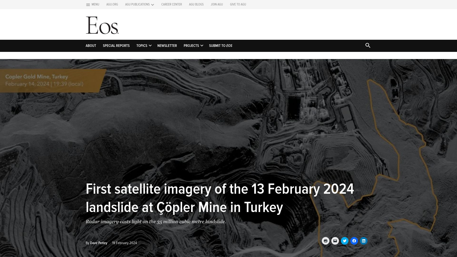 Screenshot of eos.org: First satellite imagery of the Feb-13, 2024 landslide at Çöpler Mine in Turkey