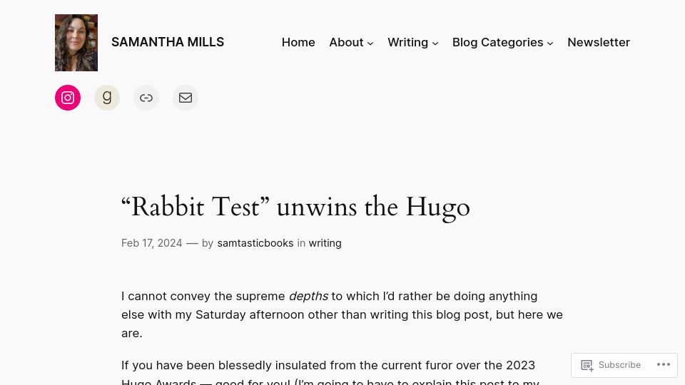 Screenshot of samtasticbooks.com: "Rabbit Test" Unwins the Hugo Award