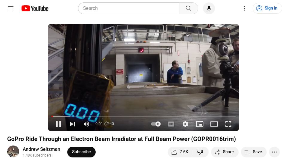 Screenshot of youtube.com: GoPro Ride Through an Electron Beam Irradiator at Full Beam Power [video]