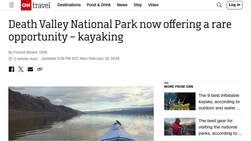 Screenshot of edition.cnn.com: Death Valley National Park now offering a rare opportunity – kayaking
