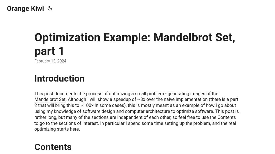 Screenshot of orange-kiwi.com: Optimization Example: Mandelbrot Set (part 1)