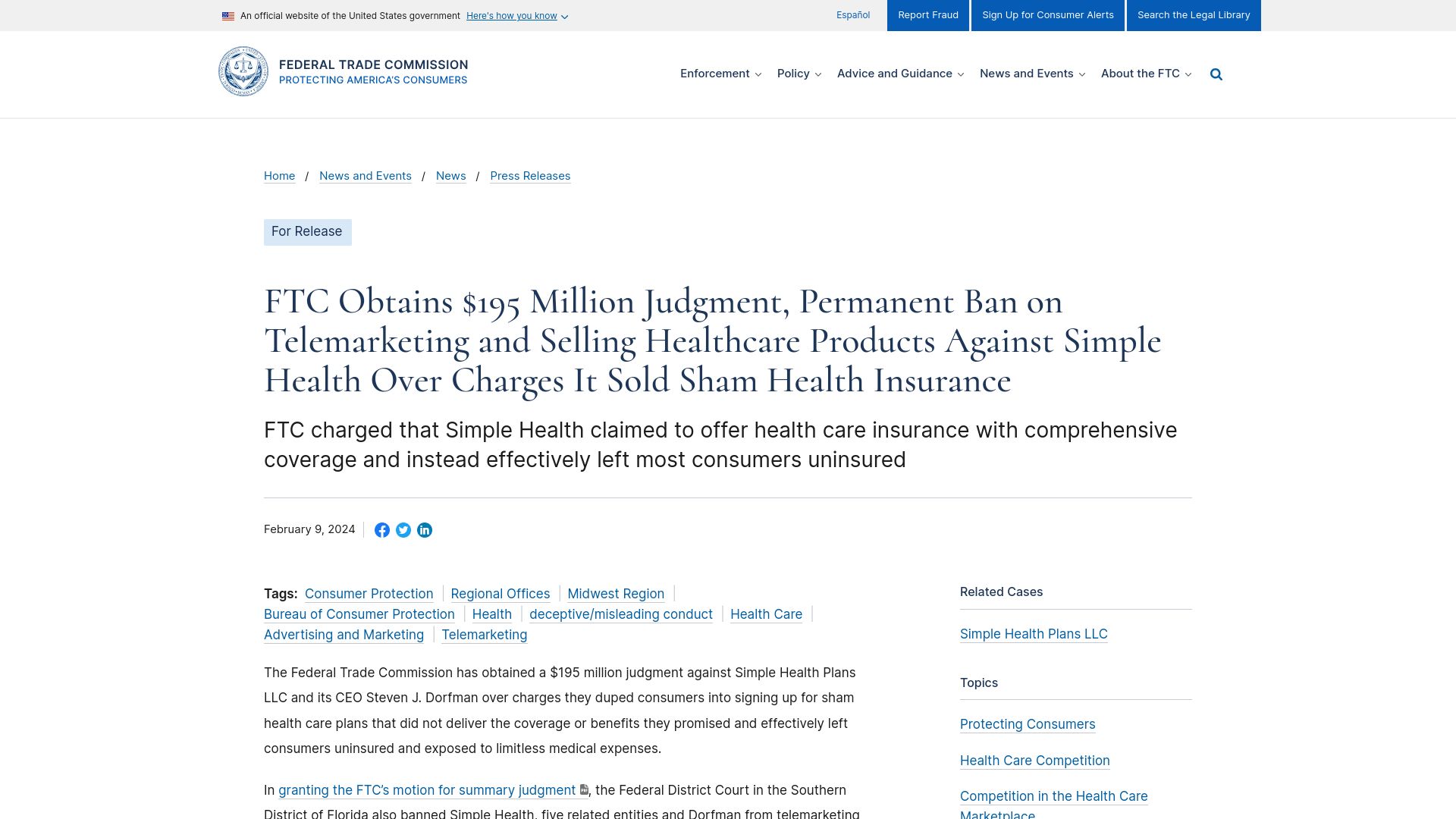 Screenshot of ftc.gov: FTC Obtains $195M Judgment and Ban on Simple Health for Sham Insurance Offering