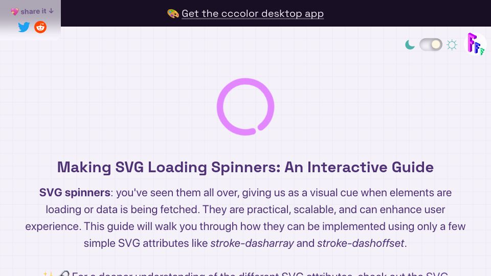 Screenshot of fffuel.co: Making SVG Loading Spinners: An Interactive Guide