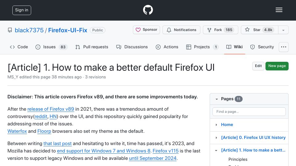 Screenshot of github.com: How to make a better default Firefox UI