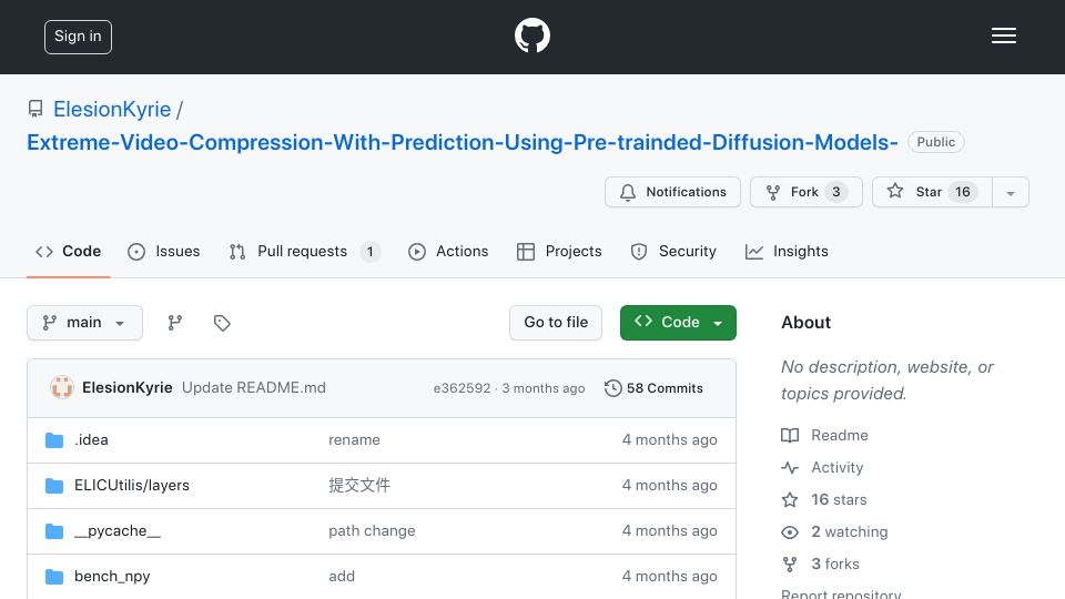 Screenshot of github.com: Extreme video compression with prediction using pre-trainded diffusion models