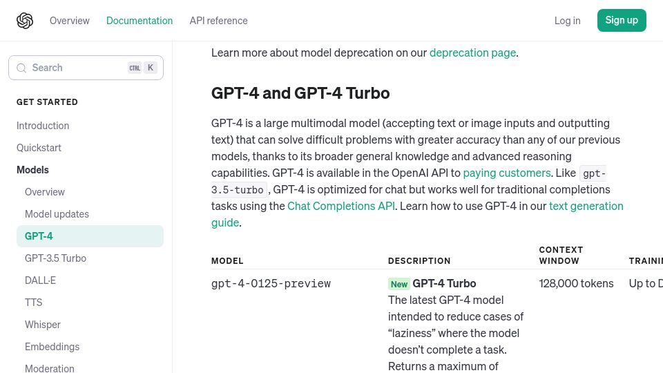 Screenshot of platform.openai.com: Latest GPT-4 training data updated to December 2023