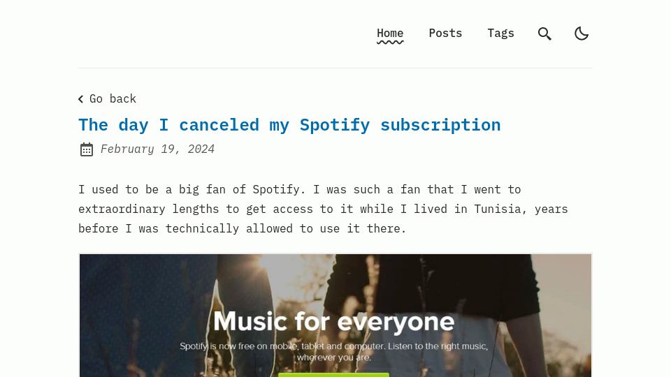 Screenshot of blog.raed.dev: The day I canceled my Spotify subscription