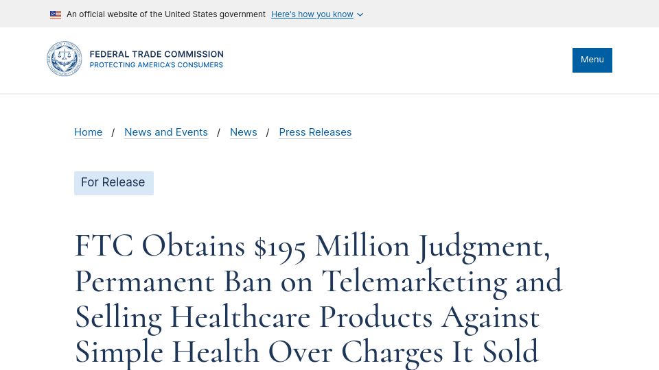 Screenshot of ftc.gov: FTC Obtains $195M Judgment and Ban on Simple Health for Sham Insurance Offering