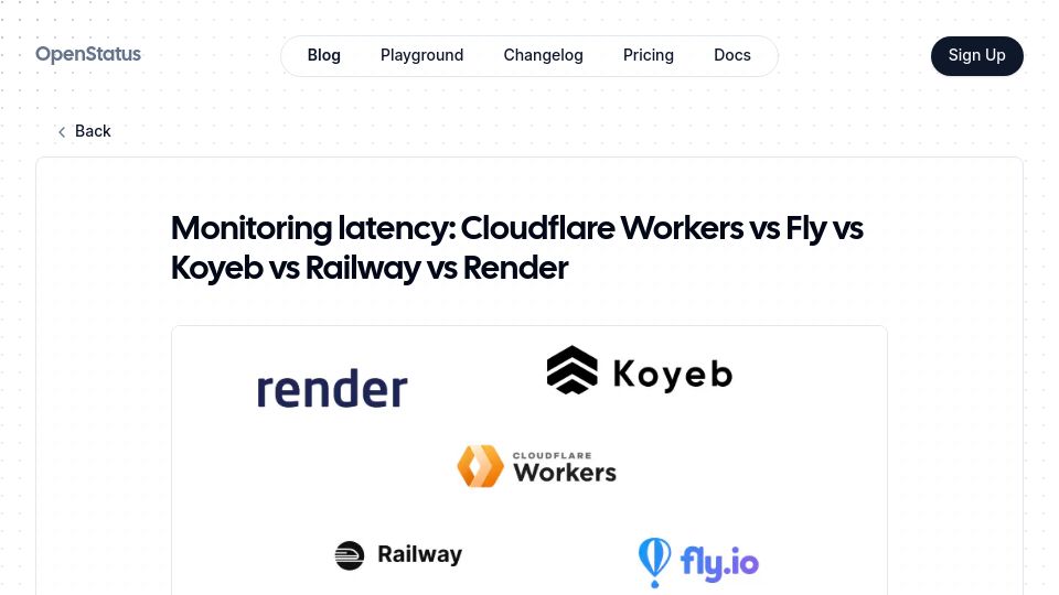 Screenshot of openstatus.dev: Monitoring latency: Cloudflare Workers vs Fly vs Koyeb vs Railway vs Render